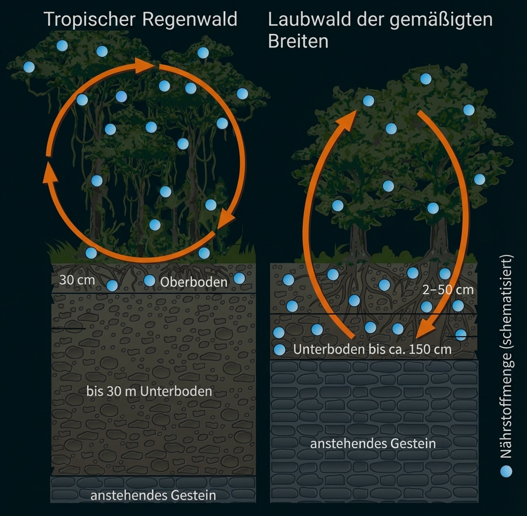 Vergleichsdiagramm zwischen Tropischem Regenwald und Laubwald der gemäßigten Breiten zur Darstellung von Nährstoffkreisläufen, Bodenstrukturen und Wurzeltiefen.